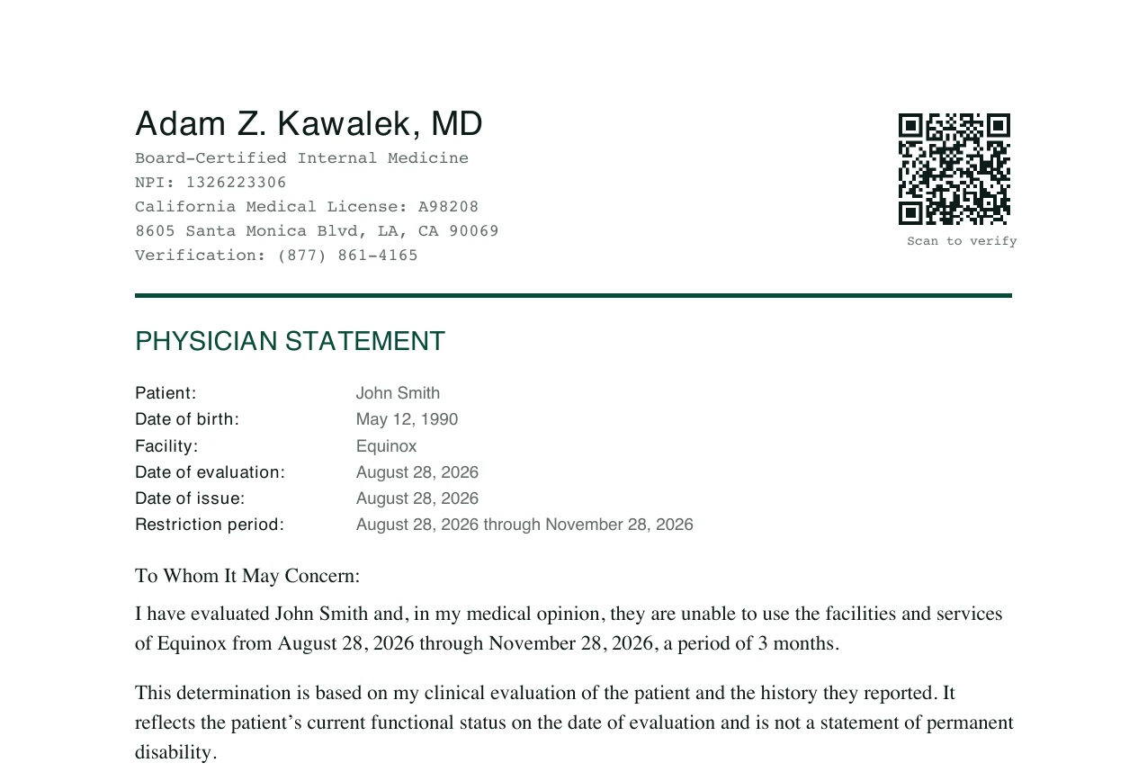 Top of a physician letter addressed to Equinox