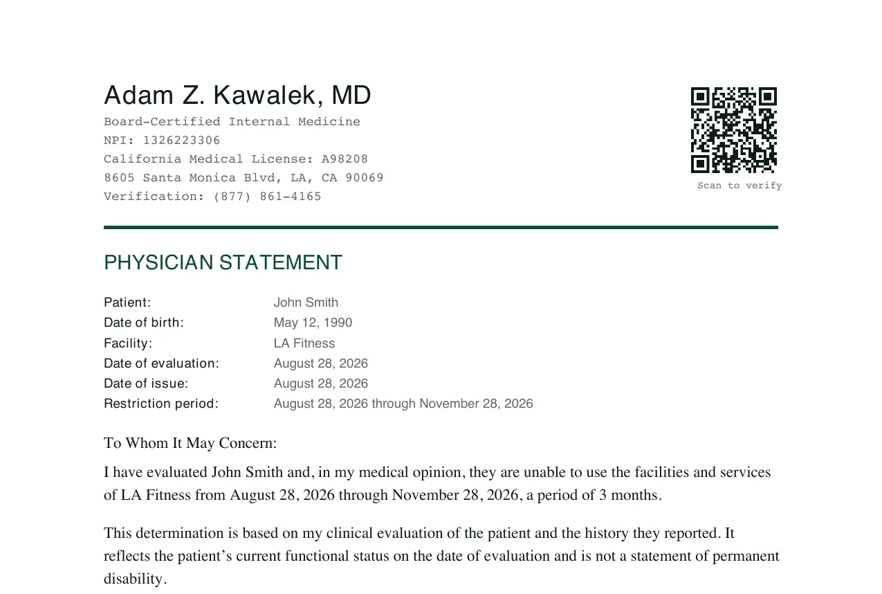 Top of a physician letter addressed to LA Fitness / Esporta