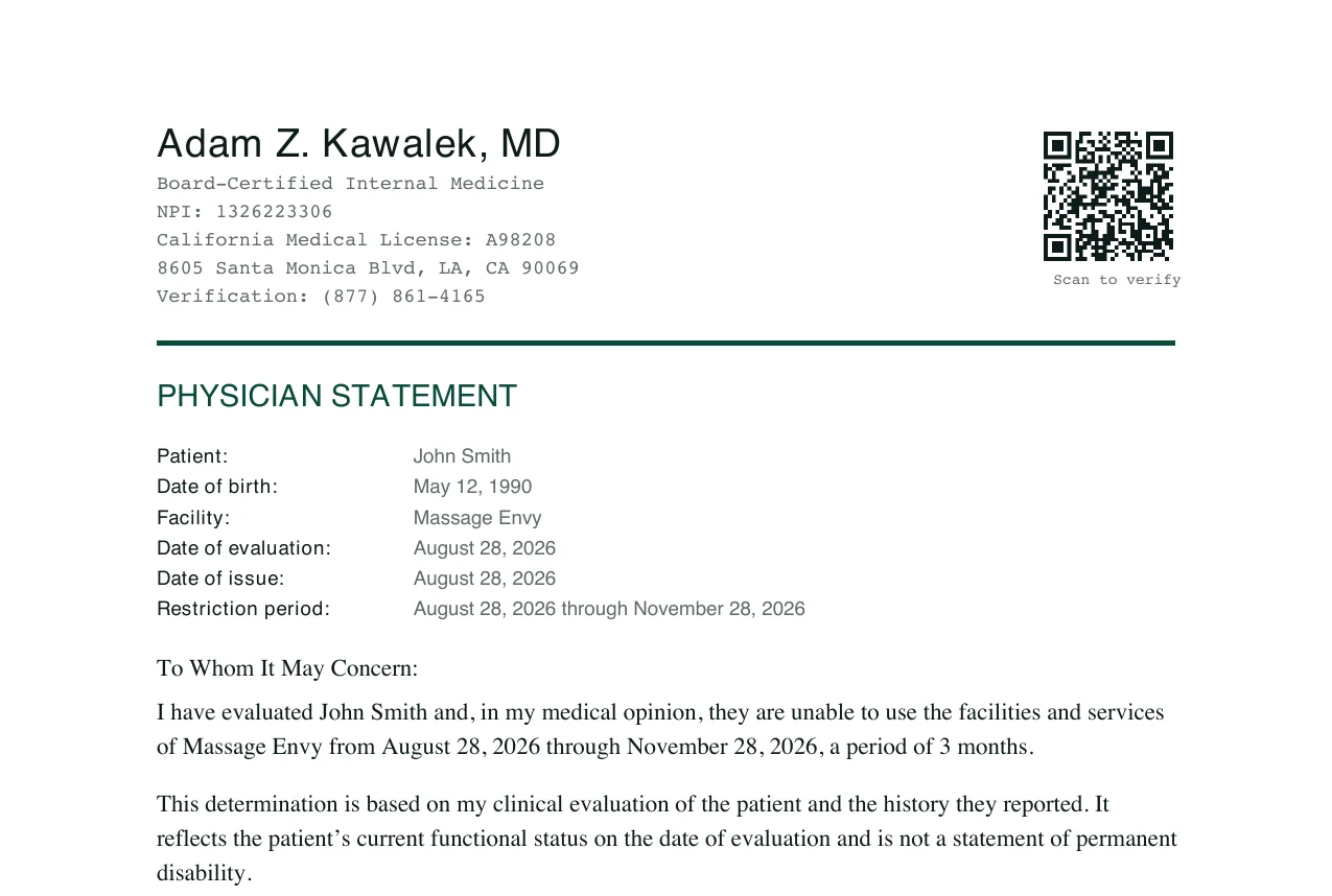 Top of a physician letter addressed to Massage Envy