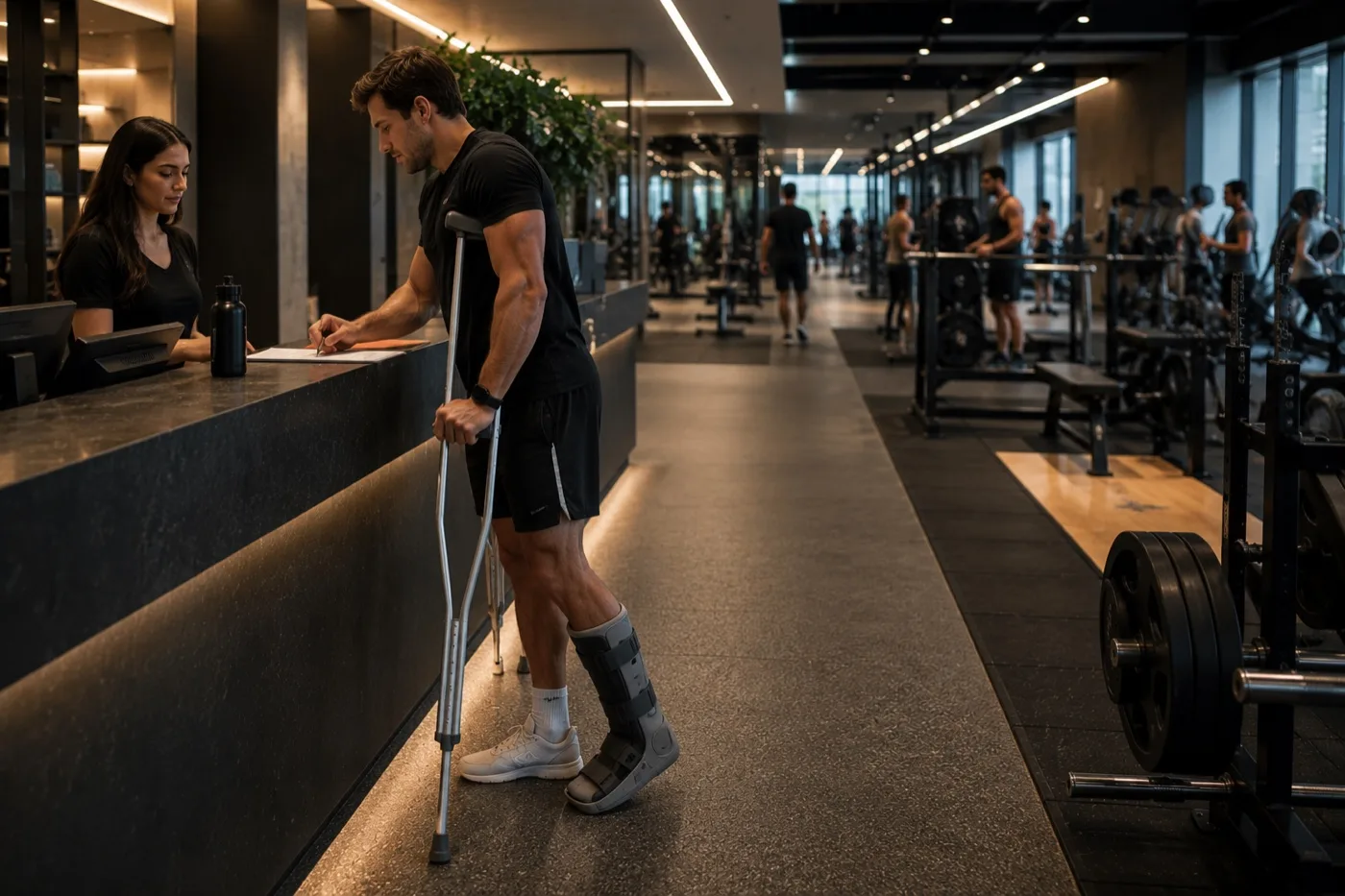 A member on crutches at a gym front desk
