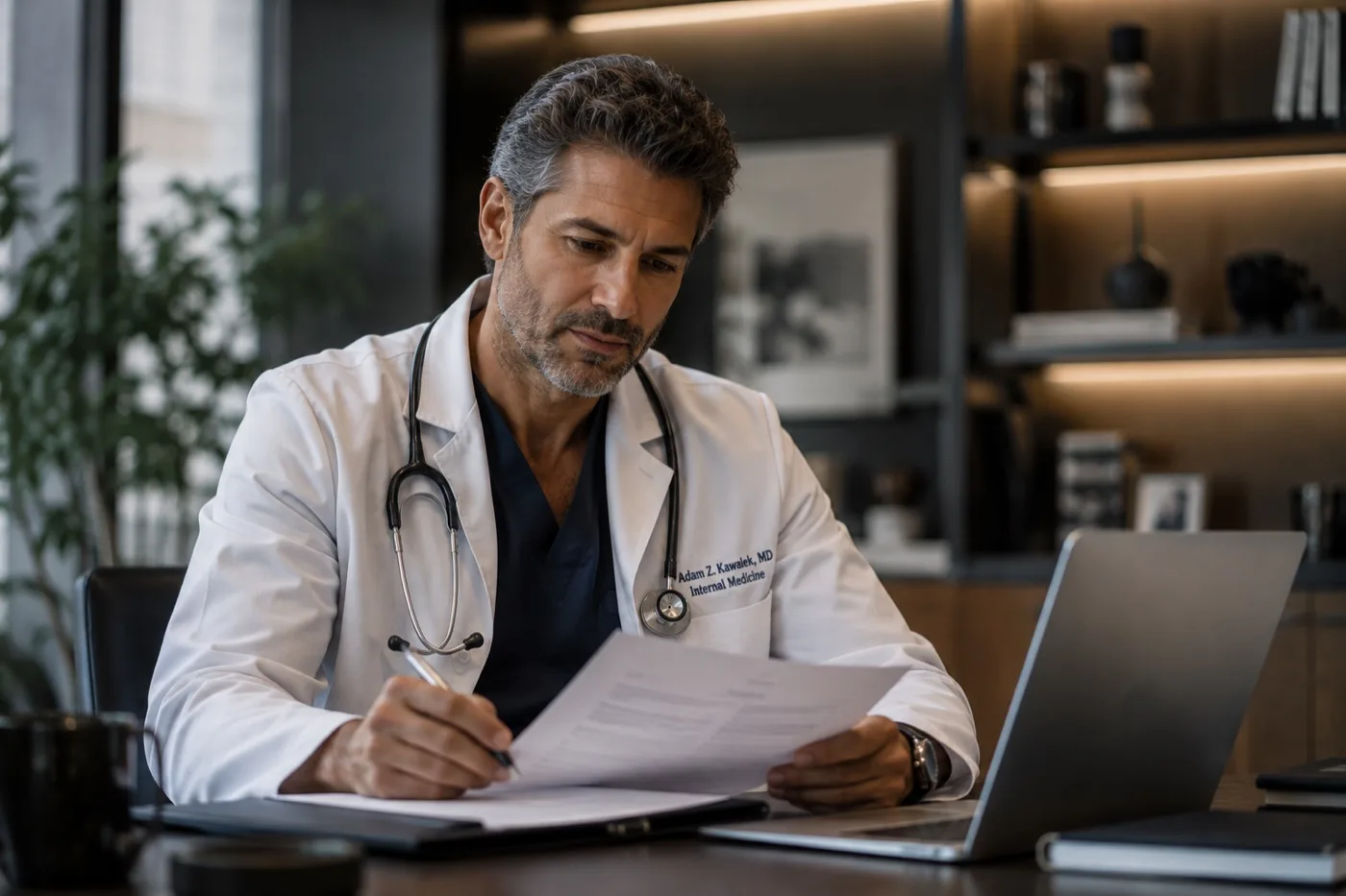 A physician reviewing a case at his desk